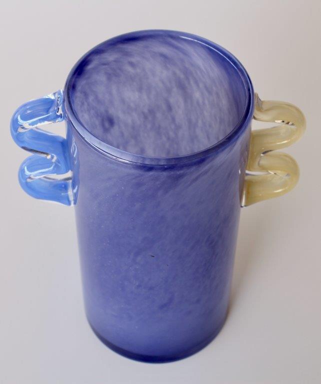 Purple Glass Vase With Blue And Yellow Handles